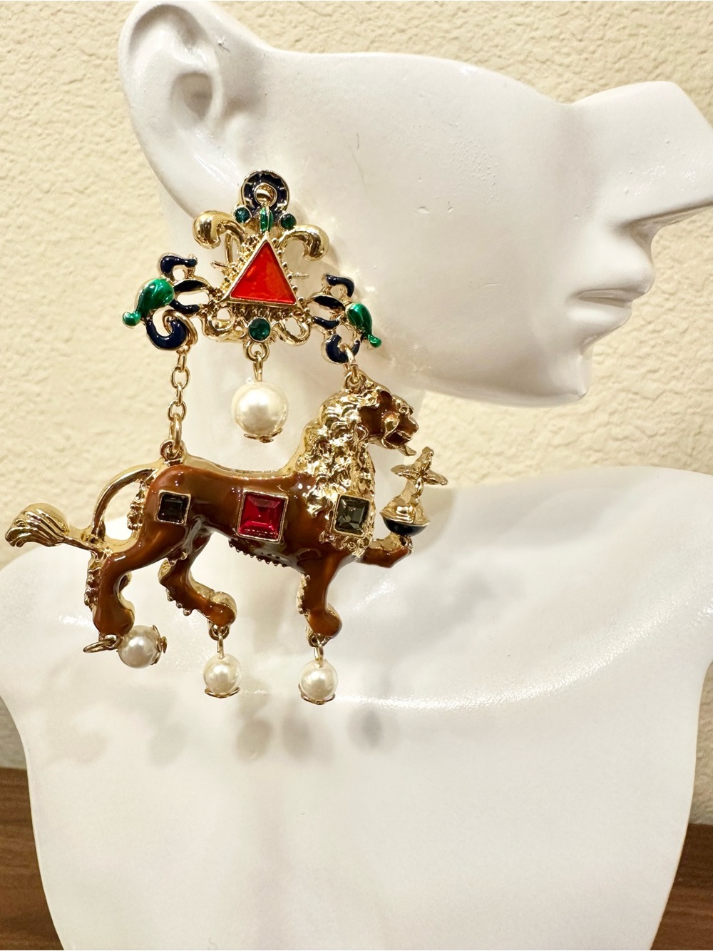 Gold-Tone Lion Drop Earrings with Brown Enamel, Pearls and Multicolor Accents